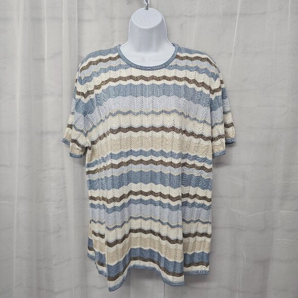 Vintage Alfred Dunner Blue Tan Chevron Striped Short Sleeve Sweater Pointelle 2X - Picture 11 of 11